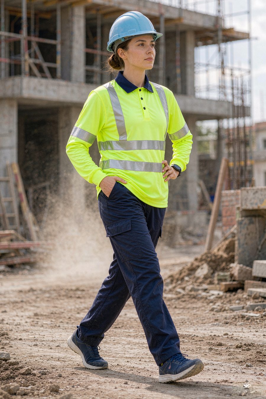 Hi-vis reflective polo shirt, long sleeve, yellow with navy collar
