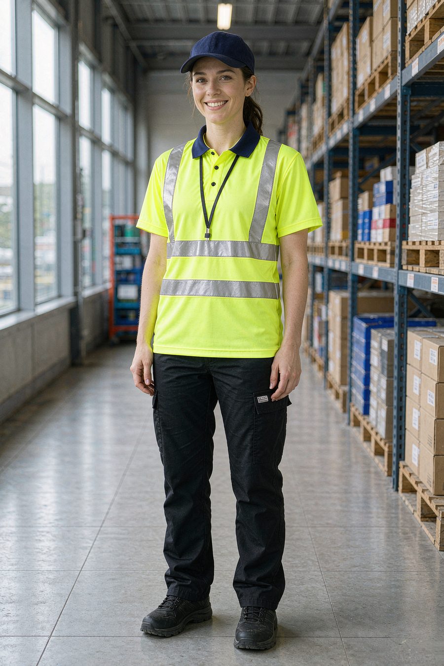 Hi-vis reflective polo shirt, short sleeve, yellow with navy collar