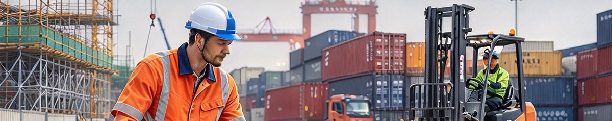 Logistics worker in hi-vis reflective workwear at a container port