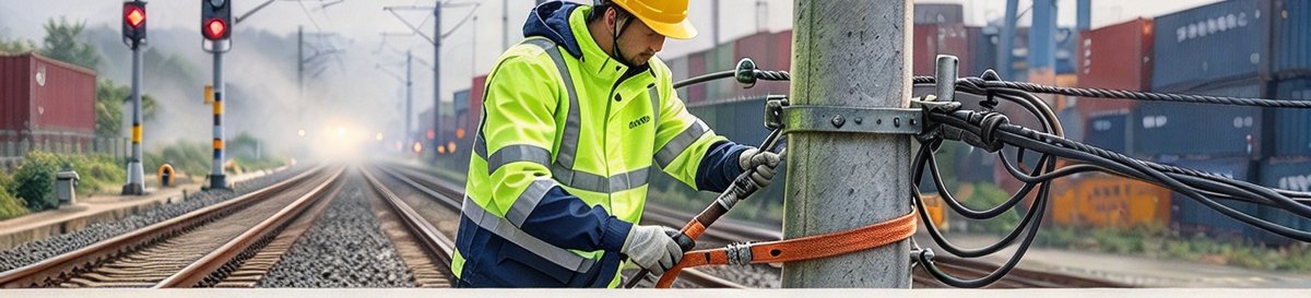 Railway patrol worker in hi-vis reflective jacket checking signal equipment